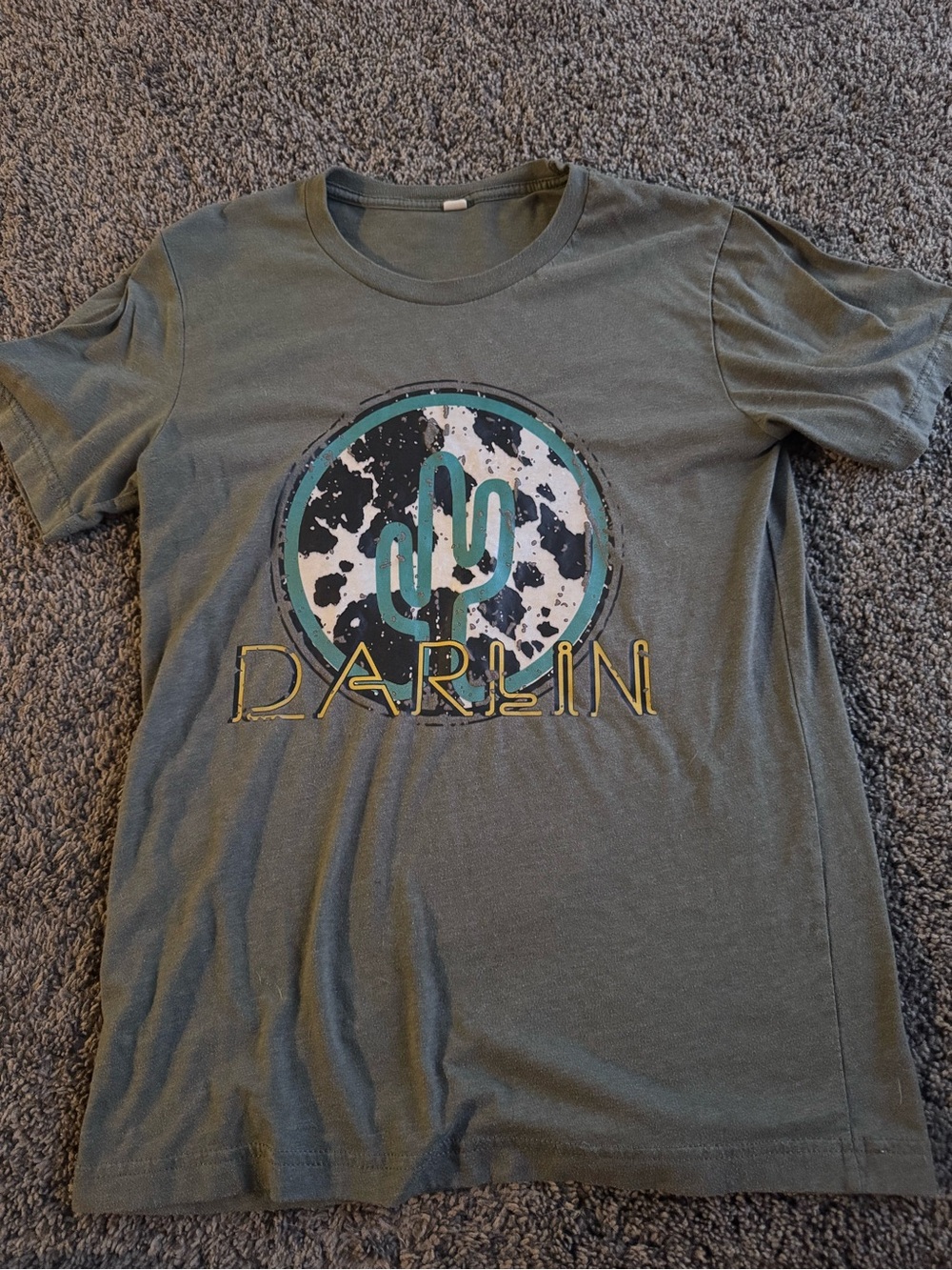 Olive Green 'Darlin' Short Sleeve Tee with Teal Cactus Graphic